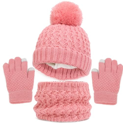 Gorro de invierno para niños, guantes, bufanda, conjunto para niñas, niños pequeños, sombreros infantiles con pompón de punto, calentador de cuello, polaina, manoplas, conjunto con forro de polar