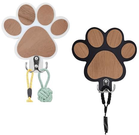 XFSRG 2 Stück Hunde Garderobe mit Haken Hundegarderobe Schlüsselhalter Holz mit Hunde Und Pfotenabdrücken für Schlafzimmer Badezimmer Küche (Schwarz + Weiß)