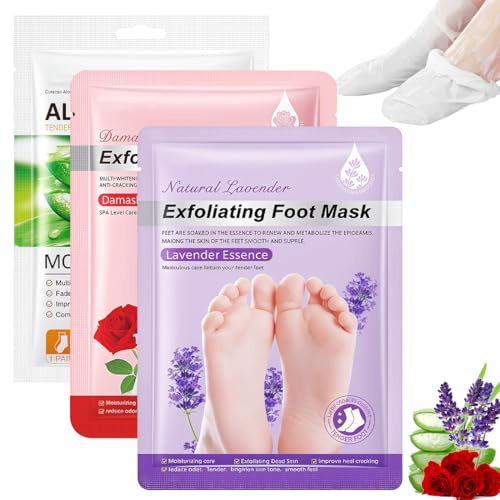 IWIDYA 3 Pares Mascarilla Pies Peeling, Calcetines Exfoliantes, Hidrata Talones Agrietados, quita piel muerta y callos (Rosa + Lavanda + Aloe vera)
