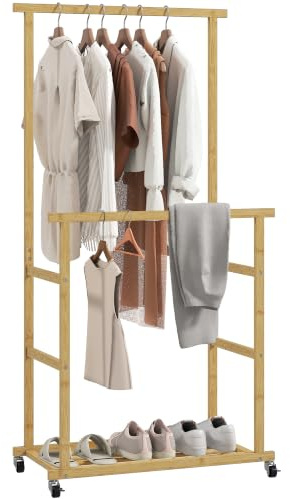 HOMCOM Kleiderständer mit Rollen, Garderobe mit Doppelstangen, Natur | Garderobenständer mit Kleiderstange, Schuhablage, aus Bambus, für Schlafzimmer, Ausstellungen, Waschküche