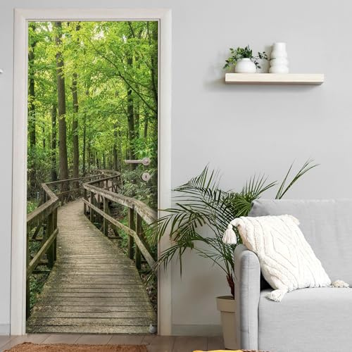 Türtapete selbstklebend blasenfrei | 200 x 90 cm Wald Holzweg, Natur | Tür Aufkleber Türfolie | Einteilig | Wasserfest 3D Türaufkleber Klebefolie Türposter Möbelfolie
