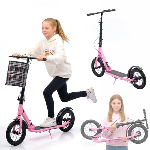 Kinderroller mit Luftreifen, Klappbarer Roller mit Korb & Seitenständer, bis 150kg, Verstellbarer Höhe, Tret-Roller mit Handbremse, für Jugendliche, Rosa