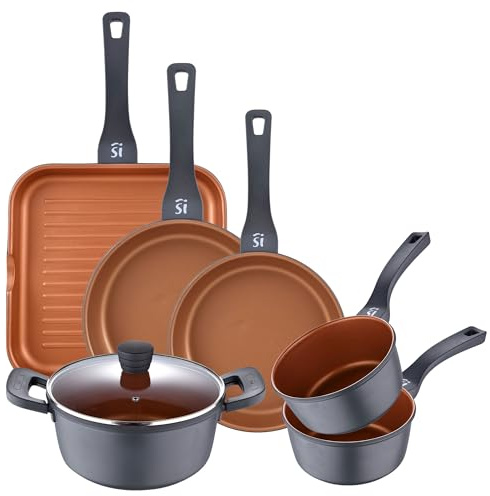 Batería de Cocina San Ignacio Bronze 6Pzs - Cacerola 24cm con Tapa+2x Cazo 16cm+Sartenes Ø20Ø24cm+Grill 28cm - Aluminio Fundido Apto Inducción