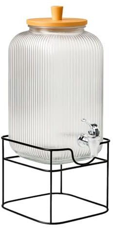 Recipiente de cristal de 8 litros con grifo y tapa de bambú – para limonada, agua y zumo (plástico + soporte)