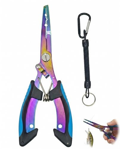 UEAVOID Pince de Pêche 16.5cm, Titane Bleu-Noir, Lanière Sécurité, Multi-Fonction pour Pêche Carnassiers Mer & Eau Douce. Coupe Fil, Ouvre Anneaux Brisés & Enlève-Hameçons.