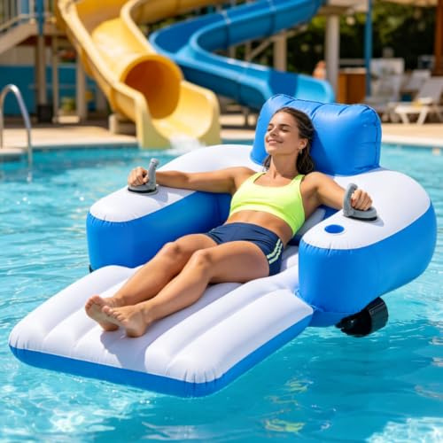 Motorized Pool Float,Electric Inflatable Pool Lounger,1 Person Powered Lounge Chair with Backrest,Cup Holder,Fast Inflate Design,Motorized Inflatable Water Blob for Calm Water Leisure