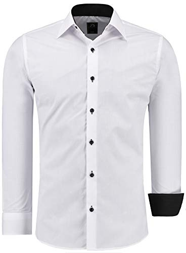 J'S FASHION Chemise pour Homme - Coupe Slim - à Manches Longues - Facile à Repasser Blanc/Noir L