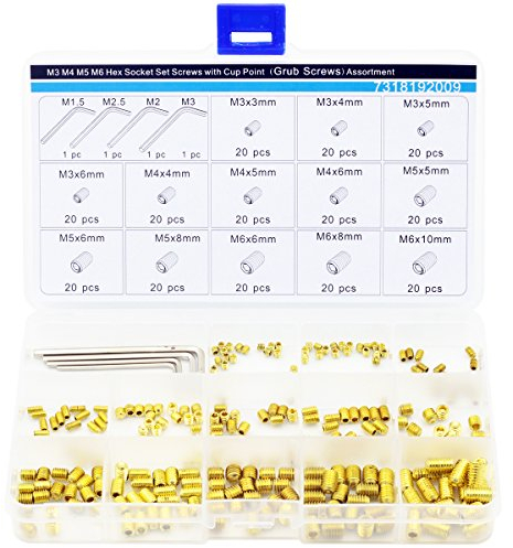 Lot de 260 vis sans tête M3 M4 M5 M6 à six pans creux et tranchant annulaire, en laiton, doré