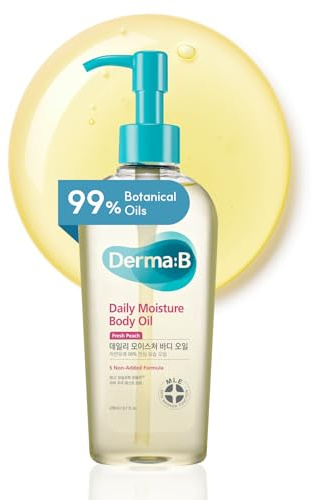 Derma B | Daily Moisture Body Oil | 99% Natural Argan & Sweet Almond Oil | Shower Oil for Dry Sensitive Skin | Light & Long-Lasting Hydration | Skin Body Care Oil with Peach Scent | 6.78 fl oz (200ml)