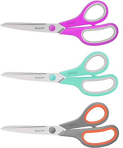 8 Multipurpose Scissors 3 Pack with Ultra Sharp Blades, Comfort-Grip Handles, Sturdy for School Home Office Art Craft Sewing Tailor Heavy Duty