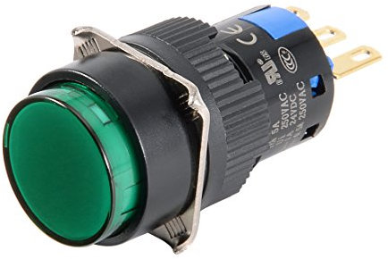 Aexit AC 250V 5A SPDT NO NC 3P Interruptor pulsador de botón (model: F4616VIIO-2770GK) redondo verde momentáneo