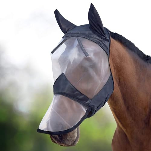 Harrison Howard CareMaster Pferde Fliegenmaske mit Langen Nasen und Ohren, Retro-Stil, Schwarz/Silber, Cob (Medium)