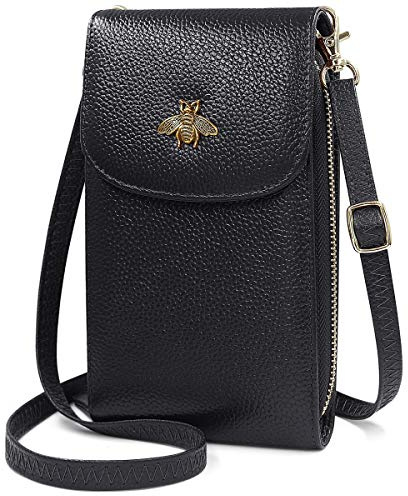 HNOOM Handytasche zum Umhängen Damen Handy Umhängetasche Echtes Leder Frauen Geldbeutel Crossbody Schultertasche Brieftasche für Handy unter 6.5 Zoll (Schwarz)