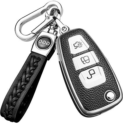 ontto Klapp Autoschlüssel Hülle für Ford Focus MK3 Ranger Mondeo Fiesta Kuga Ecosport Escort Galaxy Kuga Fernbedienung Cover TPU Leder Schlüsselhülle Schlüsselanhänger Schlüssel Schutz Etui-Silber