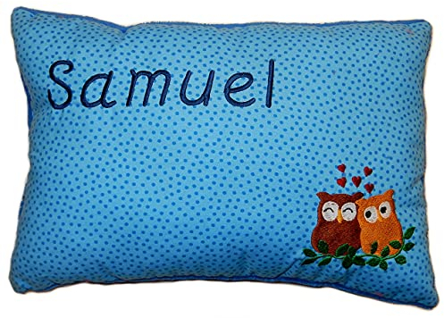 Momelie Blaues Schmusekissen * Kuschelkissen * Eule * mit Namen Bestickt * 25 x 40 cm * SK-bl_0044