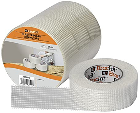 Brackit 3 Rolls White Plasterboard Scrim Tape; 48mm x 50m; Self Adhesive Fibreglass Mesh Joint Tape – For Sealing Repairing Holes And Cracks