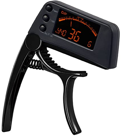 GBB Guitar Tuner 2 in 1 Clip-on&Capo with LCD Display Single-handed Accurate, for Professional/Acoustic/Bass/Electric Guitar Ukulele/Violin/Mandolin/Banjo, Tuning Range A0-C8, Black
