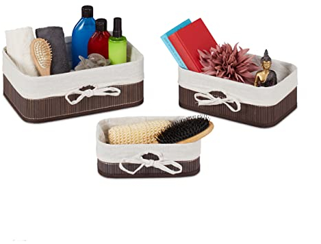 Relaxdays Aufbewahrungskorb, 3er Set, Bambus mit Stoffeinlage, Regal & Schrank, Aufbewahrungsbox, 3 Größen, braun/ weiß