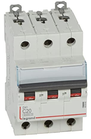 Legrand 407860E Interrupteur automatique magnétique thermique, 3P, 20 A, courbe C, 10 kA, 3 modules, DX3