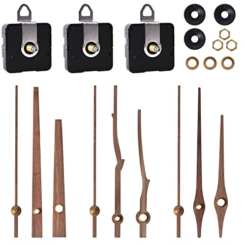 Fangehong 3 Sets Quarz Uhrwerk & Hände, Uhr Bewegung Mechanismus mit Walnuss Holz Uhrzeigern von 3 Arten, Stille Uhrwerk Ersatz Kit für Wanduhr 12 Zoll (Langschaft 20 mm)