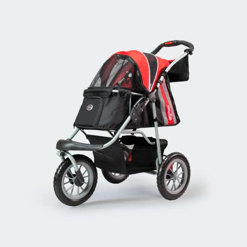 Innopet Hundebuggy Comfort EFA Eco schwarz/rot – faltbarer Hundewagen/Katzenwagen für Waldwege & Strand, geländegängig, pannensichere 30cm Räder – 25kg Tragkraft, 2 Leinen innen