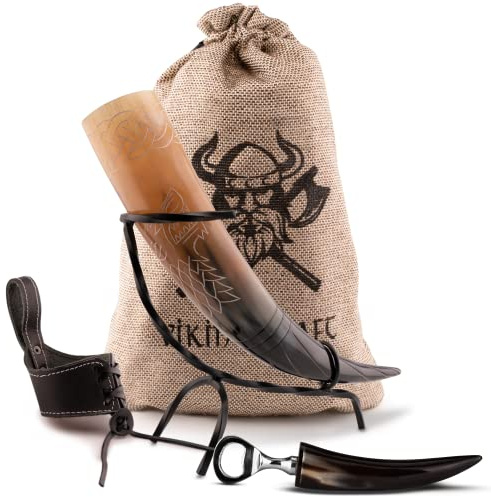 VIKING CRAFT Trinkhorn Wikinger 450 ml mit Ständer für Met & Wikinger Deko | Handgefertigtes Methorn aus Naturhorn mit Gürtelhalter, Flaschenöffner & Beutel, Unikat für LARP, Mittelalter & Wikinger Deko