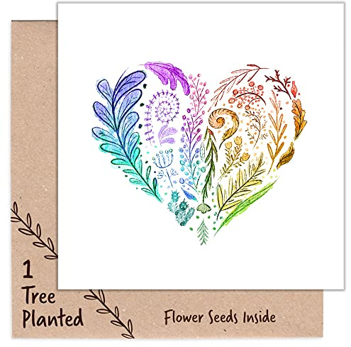1 Tree Cards Eco Heart Card with 1 Tree Planted & Plantable Seed Card that Grows Flowers - Blank Inside for Friend, Girlfriend, Boyfriend, Wife or Husband Birthday Card (Rainbow Heart)