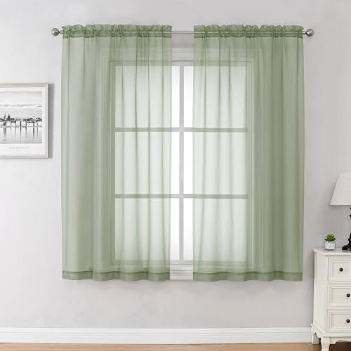 Chyhomenyc Tende trasparenti verdi salvia lunghe 114 cm, 2 pannelli, corte in voile con tasca per asta, tende per sala da pranzo, piccole finestre, bagno, soggiorno, camera da letto, 107 x 114 cm