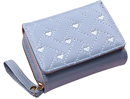 Diyafas Kleine Geldbörse für Damen Gesticktem Herz Portemonnaie Dreifach Kartenhalter Mädchen Brieftasche Blau