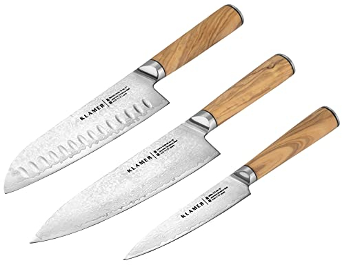 KLAMER Premium Damastmesser echter japanischer Stahl (3er Messerset)