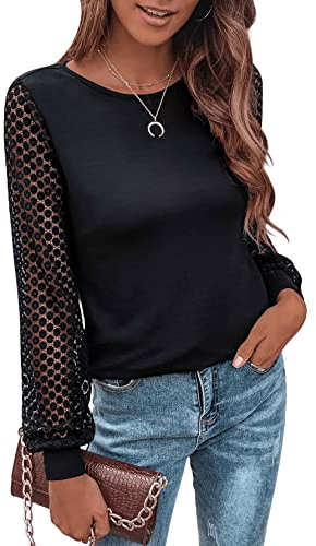 GORGLITTER Damen Langarm T-Shirt mit Spitzen Ärmeln Oberteile Elegant Tops Blusen Langarmshirts Frühling Casualshirt Schwarz M