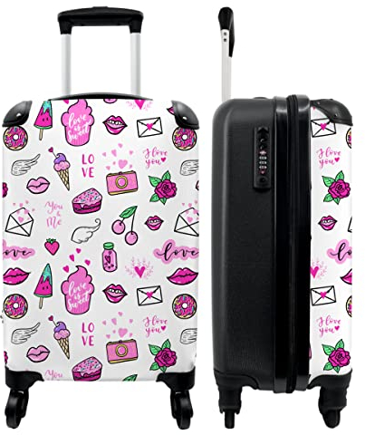 NoBoringSuitcases.com® Kindertrolley Mädchen Carry on Luggage Trolli Handgepäck Koffer Kinder - EIS - Rosa - Muster - 55x35x20cm