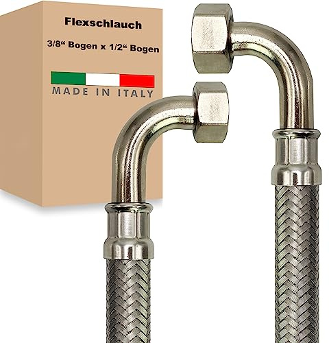 Flexschlauch ÜM-BOGEN x ÜM-BOGEN Edelstahl Panzerschlauch Anschlußschlauch Sanitär Armaturenschlauch Hauswasserwerk Made in Italy (3/8 x 1/2 - 2000 mm)