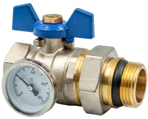 KNM Trade Kugelhahn 1 Thermometer Blau | Messinggehäuse, PVC-beschichtet, Wasserinstallationen, 16 bar, Temperatur 120°C, Heizsysteme