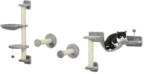 PawHut 4Pcs Wall Mounted Cat Shelves with Hammock, Cat Wall Furniture, Grey | Perches, Ladder, Scratching Post, for Large Kittens
