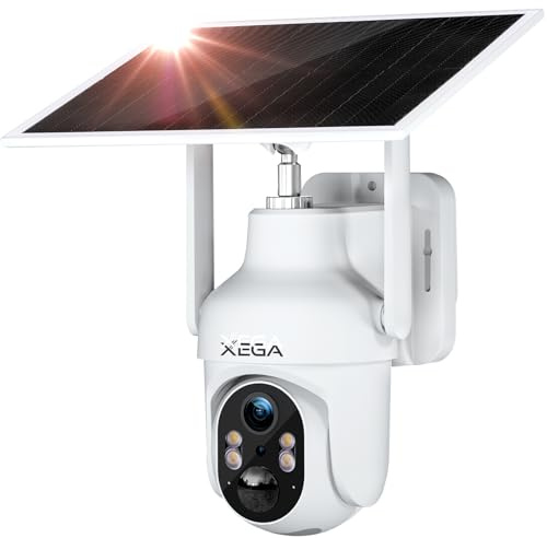 Xega White WiFi Solar Security Camera, HD PTZ Wireless Outdoor IP Camera Surveillance Rechargeable Battery with Solar Panel