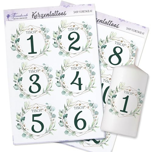 FEENSTAUB Kerzen Tattoos Hochzeit, Kerzen verzieren, Hochzeitsdeko Eukalyptus, Kerzen selbst gestalten, Tischdeko, Tische nummerieren 7-12, Aufkleber für Kerzen, Wasserschiebefolie bedruckt Eukalyptus