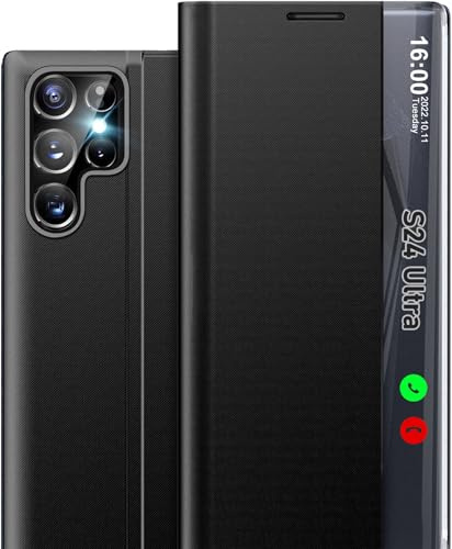 Handyhülle für Samsung S24 Ultra 5G Hülle Klappbar, Leder PC Stoßfest Dünn Spiegel Flip Case S24 Ultra Hülle mit Ständer, Clear View für Samsung Galaxy S24 Ultra Hülle (Schwarz)