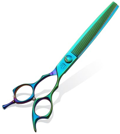 Fenice Totem Dog Grooming Scissors: 7 Straight Pet Shears Skeletonized blade Made Of Japanese 440C for Trimming Dogs Cats and Other Pets Green (Thinning G, 7)