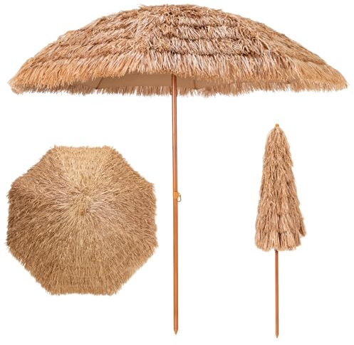 KOMFOTTEU φ205 cm Parasol de Style de Hawaïen, 2.2m de Haut, avec Protection solaire, Parasols de Plage en Paille simulée de Riz pliable, Parasol Exotique, pour Jardin, Balcon, Plage, Terrasse, jaune