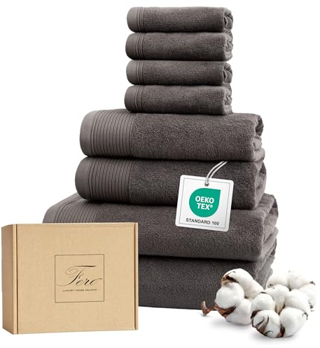 Ferò Luxus Handtücher Set Baumwolle, 8 Teile, Low Twist Baumwolle, 550 g/m², Oeko-TEX, Italienisches Design, 2 handtücher 70x140cm, 2 Handtuch 50x100cm, 4 Gästehandtuch 30x30cm, Grau