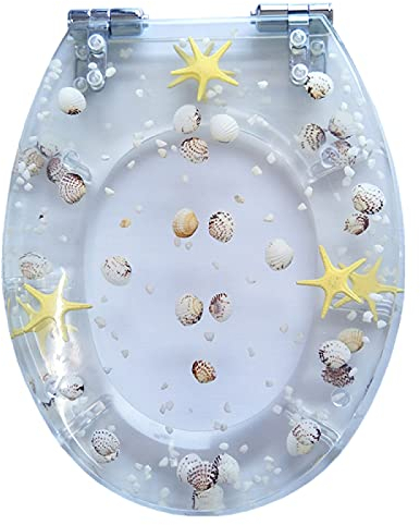 WC-Sitz mit Absenkautomatik, Schnellverschluss, WC-Deckel, WC-Sitze aus Kunstharz mit Befestigung Oben, Kunst-3D-Effekte, robuster WC-Deckel mit echten Muscheln und Sand für Toiletten vom Ty