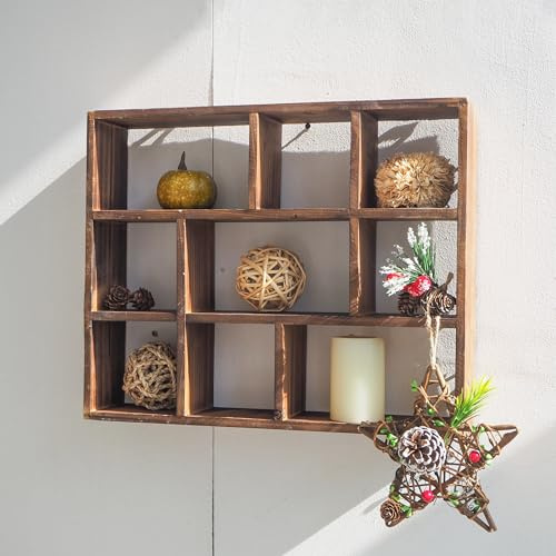 SOFE Kleine braune Holzschattenbox mit Regalen, 3 Etagen, Wandregal, 9 Fächer, Wandmontage, Curio-Schrank, Knick Knack Display Regal, schwebende Würfelregale für Wände, Schnapsglasvitrine