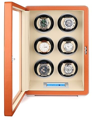 PAHION Automatischer Uhrenbeweger Für 6 Uhren PU-Leder Aufbewahrungsbox Für Mechanische Uhren Mit Automatikaufzug Mit LCD-Touchscreen-Anzeige Leiser Mabuchi-Motor Und Duale Stromversorgung