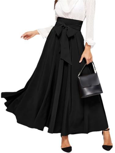 Damen-Maxi-Röcke, plissiert, A-Linie, hohe Taille, Stretch, solide, Midi-Länge, Schwarz , 48