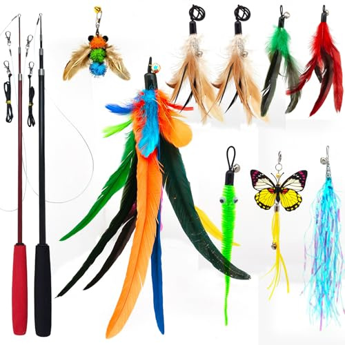miwoowim Cat Toys Interactive for Indoor Cats, 2PCS Ultra-Long Teaser(50+38)+9PCS Da Bird Feather Refills, Fishing Pole Toy,Retractable Cat Wand Toy and Feather Toys Refills Attachment Replacement