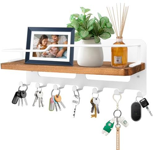 JiangLin Portachiavi in legno con ripiano, portachiavi decorativo, da parete con 7 ganci per chiavi, in legno, per ingresso, corridoio, camera da letto, soggiorno
