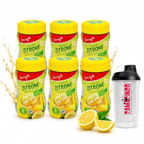 Jeden Tag Zitronen-Tee Getränkepulver 6 x 400 g | Ergibt 8 l Kalorienarm erfrischenden Instant-Tee mit Vitamin C | Schnell löslich, fruchtig & erfrischend inkl. Zama4Zingo Shaker