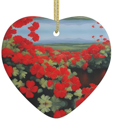 WHJSHOP Weihnachts-Keramik-Herz-Anhänger, Dekoration für den Baum, zum Aufhängen in der festlichen Jahreszeit, rote Geranie, Topfpflanzen-Drucke
