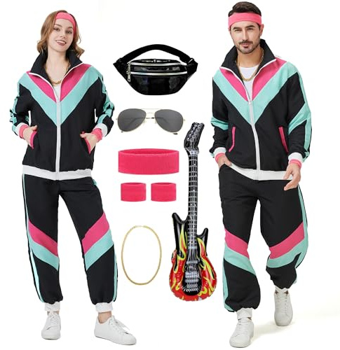 80 90er Retro Trainingsanzug Kostüm Karneval Unisex Hip Hop Sportanzug | Retro 90s Outfit Hip Hop Disco Sportanzug Set für Halloween Theme Parties Karneval Herren Damen